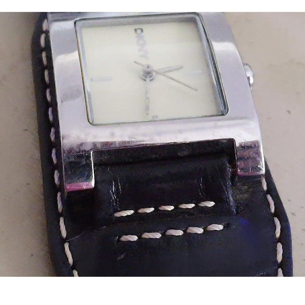 DKNY Cuff Watch Women OS Black Silver Leather Band Square Face Analog Trendy
